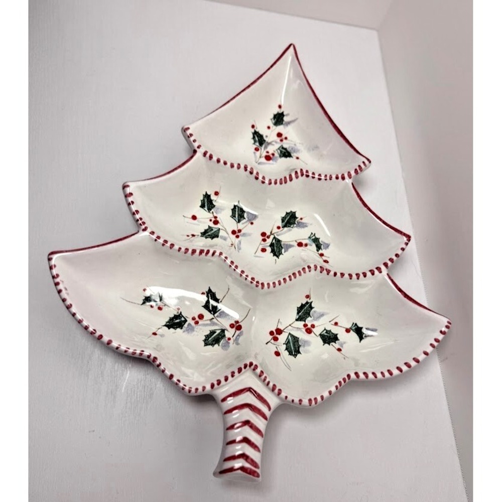 VTG X-MAS Tree Large Divided Relish Tidbit Candy Tray Handpainted Made In Italy